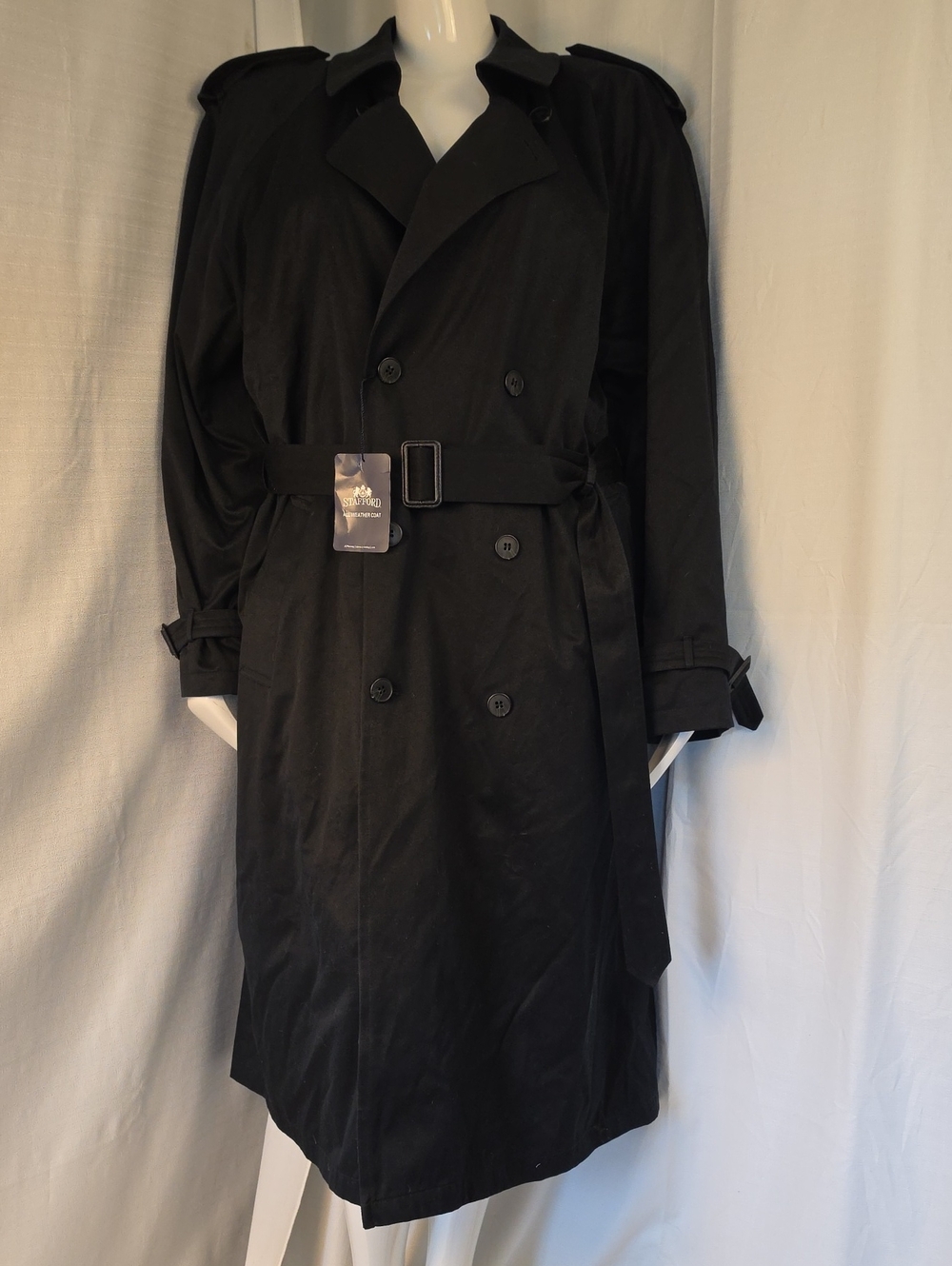 Men's Stafford Black Double-Breasted All Weather Trench Coat with Belt Size 48